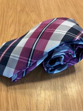 Perry Ellis Purple, Blue & White Plaid Men's Tie